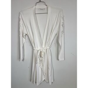 Verena Womens Long Sleeve Knee Length Robe White Lace Accents 100% Cotton Size M